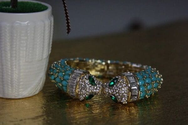 A close up of a bracelet on a table