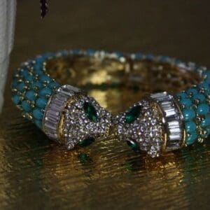 A close up of a bracelet on a table