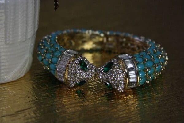 A close up of a bracelet on a table