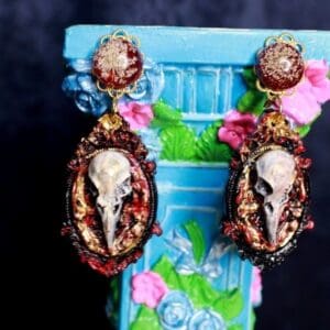 A pair of earrings with skulls on them.