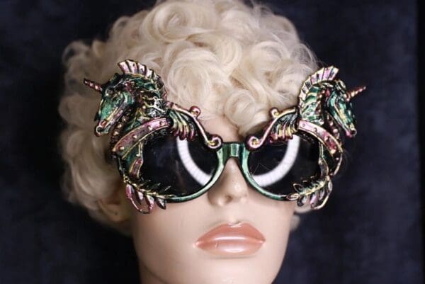A woman 's head with sunglasses on it.
