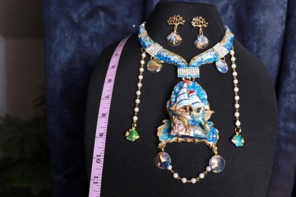 9766 Necklace+ Earrings Set Nautical Sleeping Mermaid Ship - Image 6