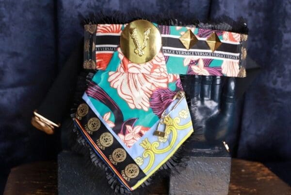 A close up of a bag with a mask on it