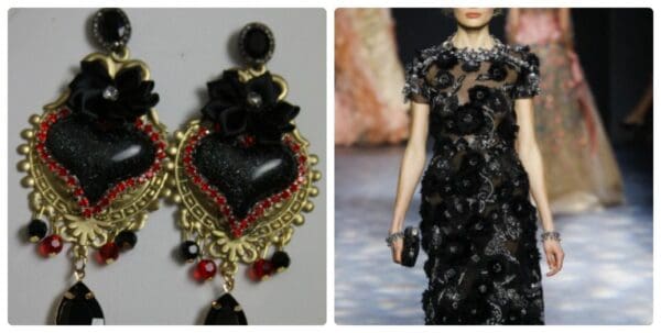 A black heart shaped earring and a woman in a dress