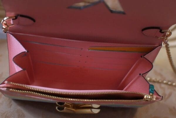 A close up of the inside of a purse