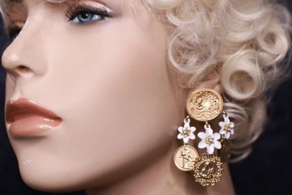 A woman with blonde hair wearing gold earrings.