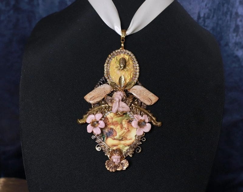 A woman wearing a necklace with flowers and a clock.