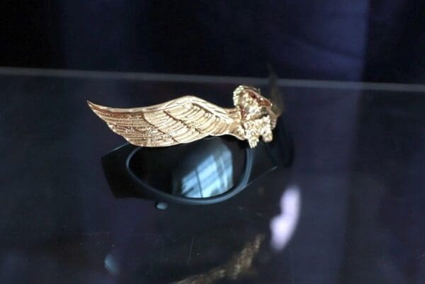 A gold wing sitting on top of a table.