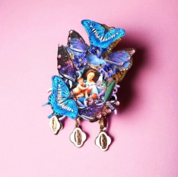 A pink background with a blue butterfly and a woman.