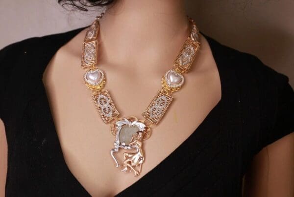A woman wearing a necklace with gold and silver chains.
