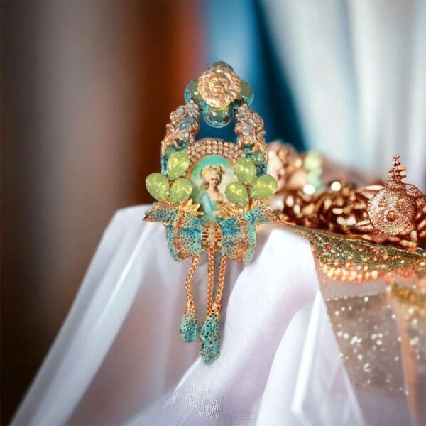 A close up of the crown on a dress