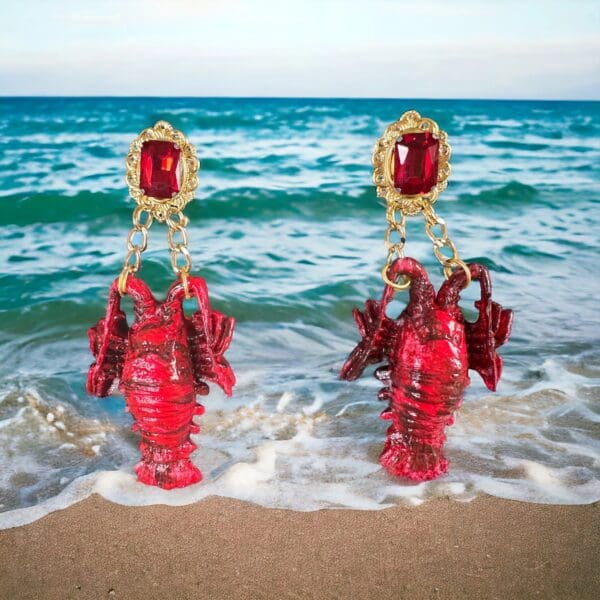 SOLD! 10191 Nautical Red Lobster Huge Beach Studs Earrings