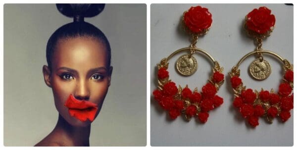 A woman with red lipstick and a gold earring.