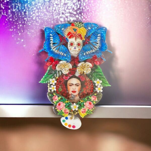 A colorful wreath with a face and flowers.