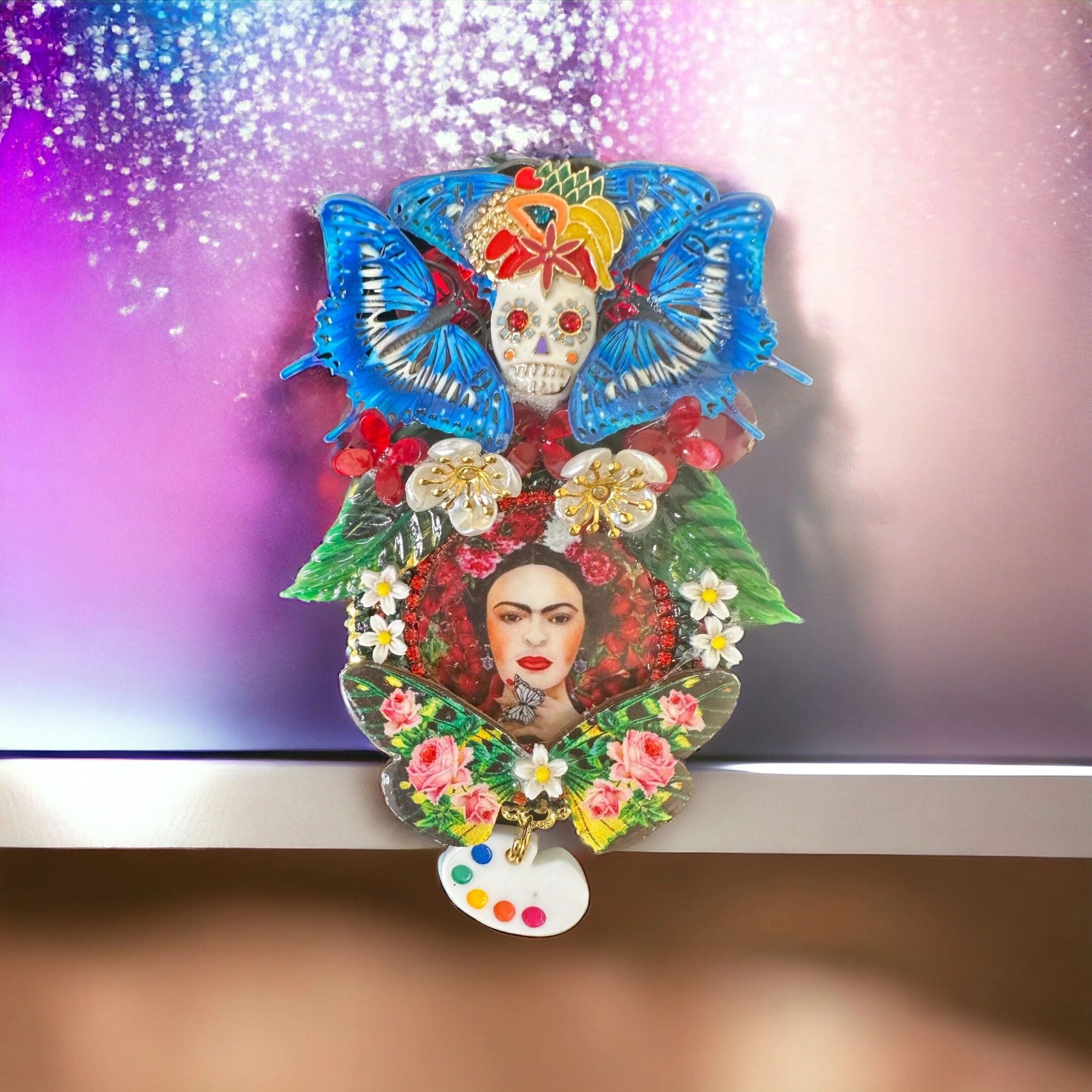 A colorful wreath with a face and flowers.