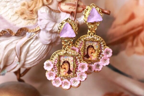 10237 Virgin Mary Pink Rhinestone Elegant Earrings Studs - Image 2