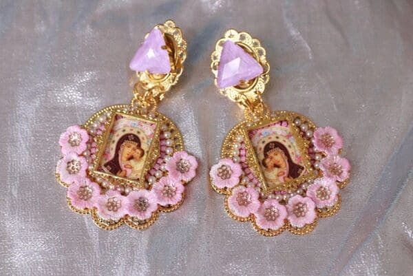 10237 Virgin Mary Pink Rhinestone Elegant Earrings Studs - Image 3