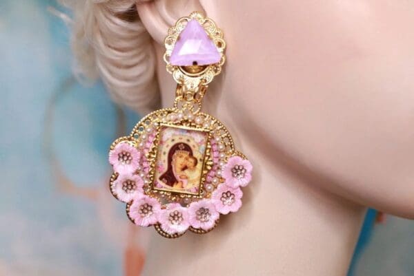 10237 Virgin Mary Pink Rhinestone Elegant Earrings Studs - Image 4