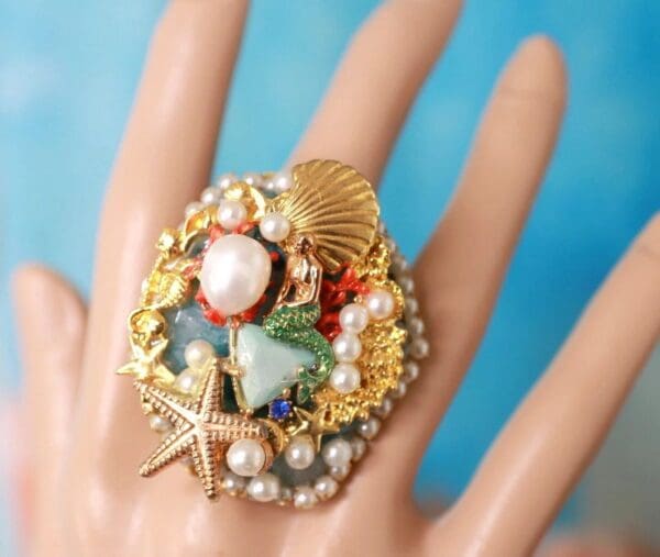 10265 Genuine Agate Larimar Mermaid Massive Adjustable Cocktail Ring