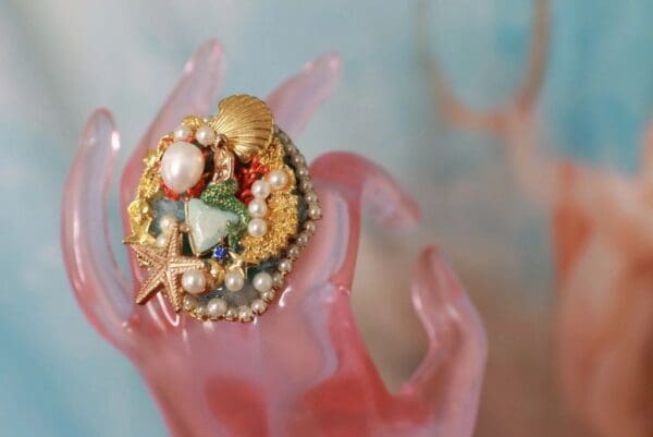 10265 Genuine Agate Larimar Mermaid Massive Adjustable Cocktail Ring - Image 3