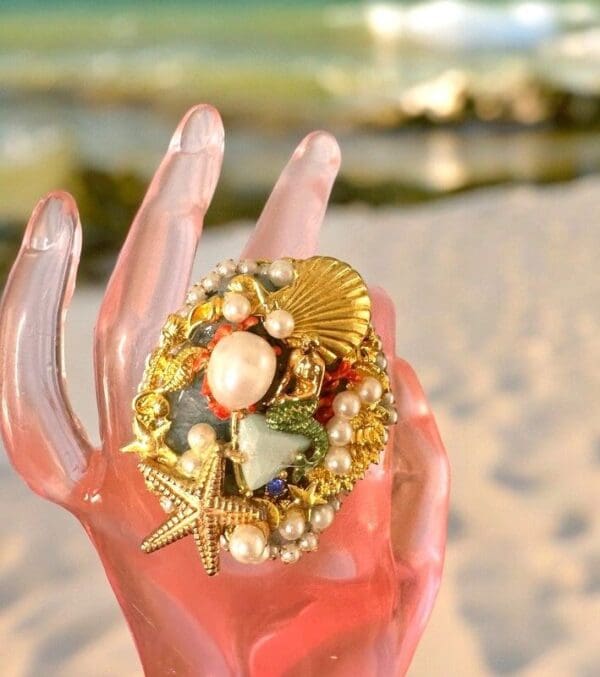 10265 Genuine Agate Larimar Mermaid Massive Adjustable Cocktail Ring - Image 4