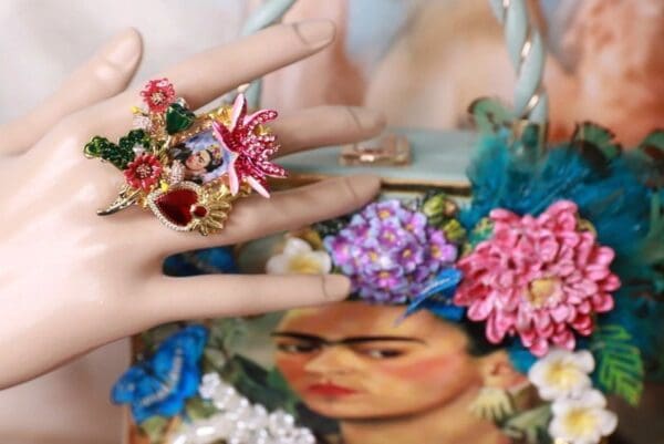 SOLD! 10268 Frida Kahlo Flowers Massive Adjustable Cocktail Ring - Image 7