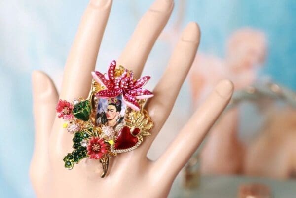 SOLD! 10268 Frida Kahlo Flowers Massive Adjustable Cocktail Ring - Image 8
