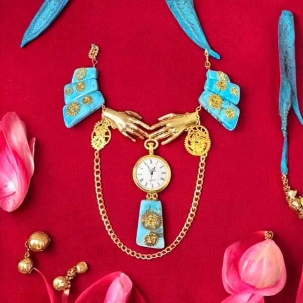 A necklace with a clock and flowers on it