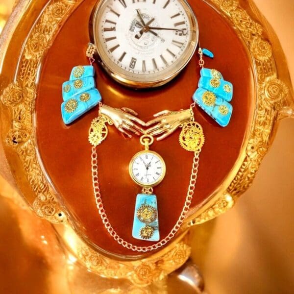 A clock with some jewelry on it