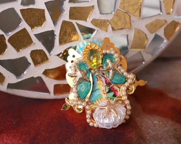 A close up of a ring on top of a table