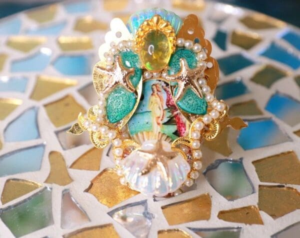 A close up of a ring on top of a table