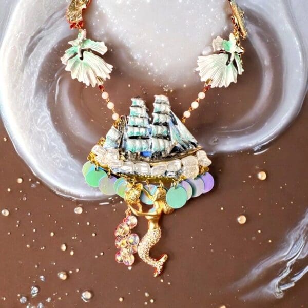 SOLD! 10366 Nautical Mermaid Ship Unusual Necklace