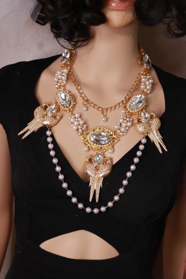 A woman wearing a necklace with pearls and gold chains.