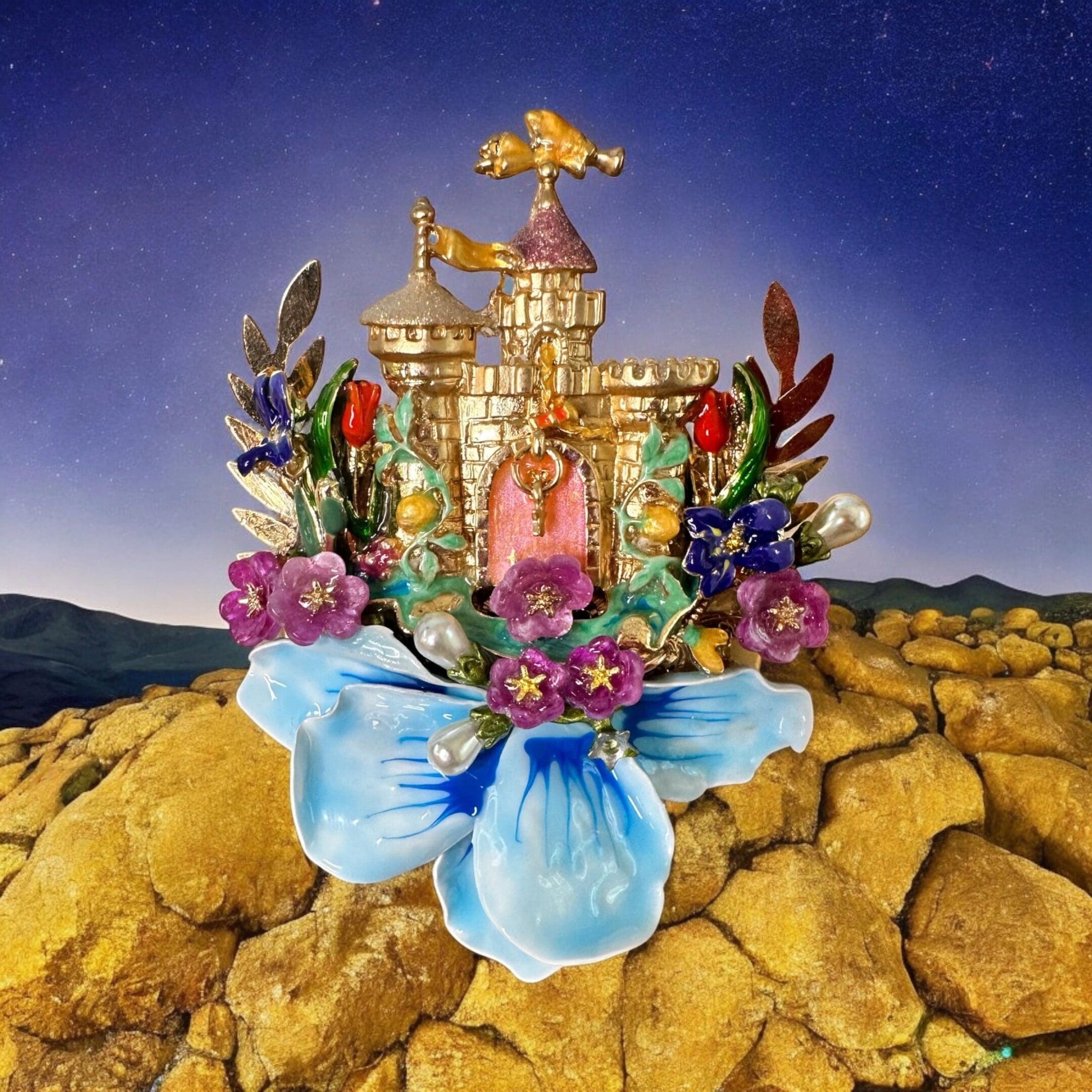 A painting of a castle with flowers on it