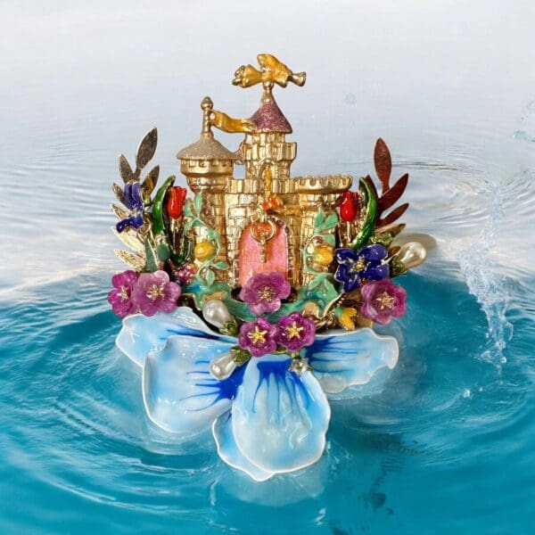 A toy castle floating on top of water.