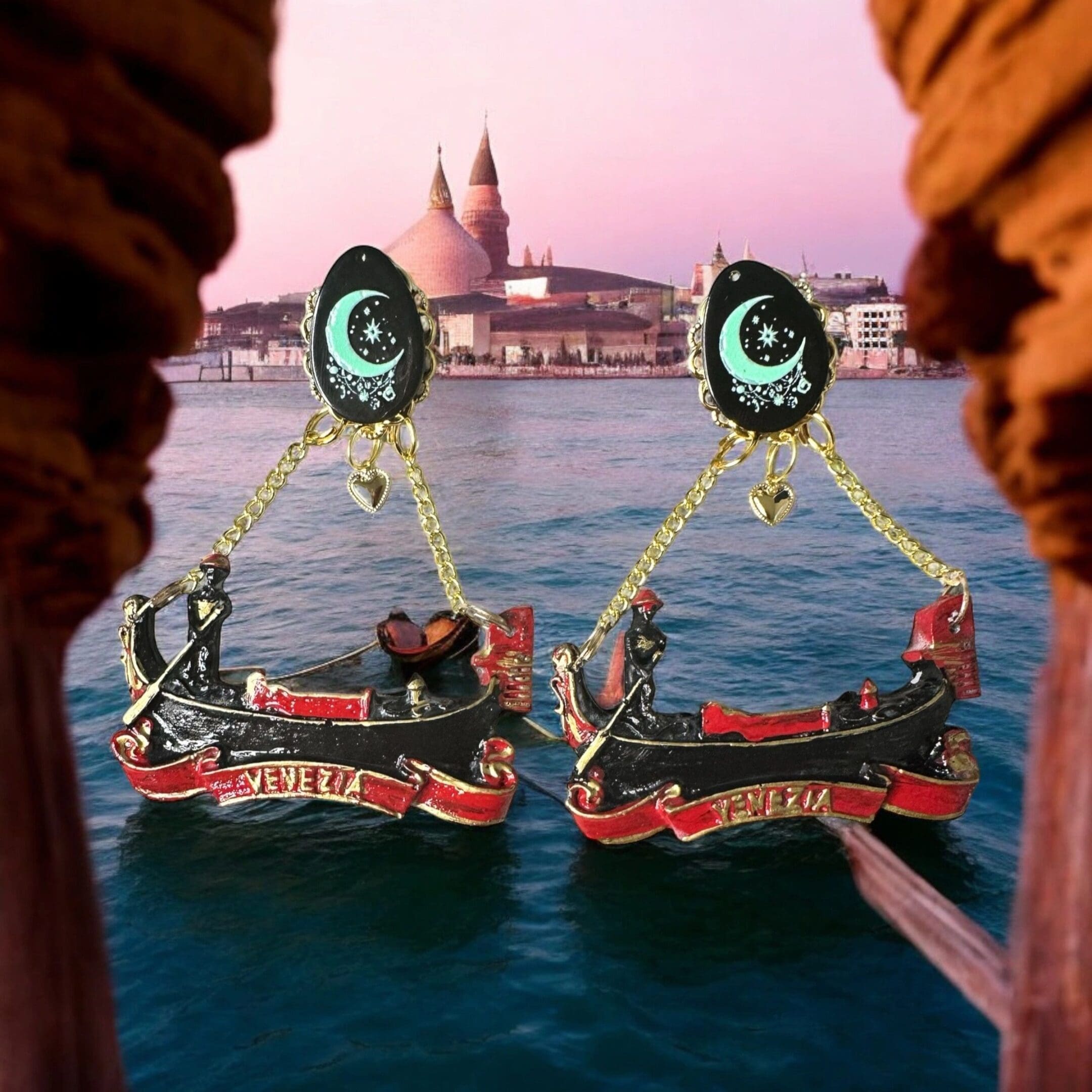 Two boats with a large eye on them in the water.