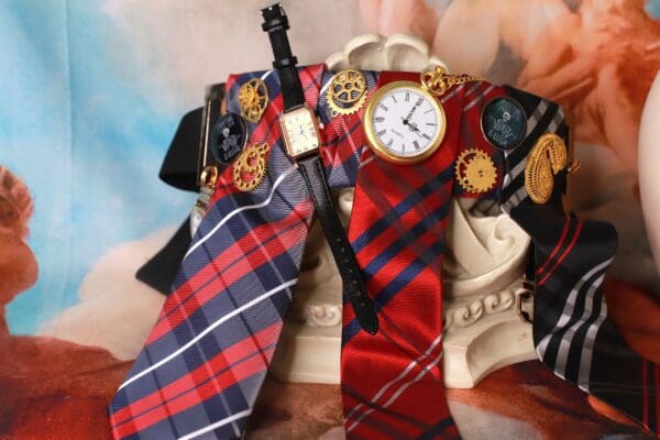 A close up of a tie with a clock on it
