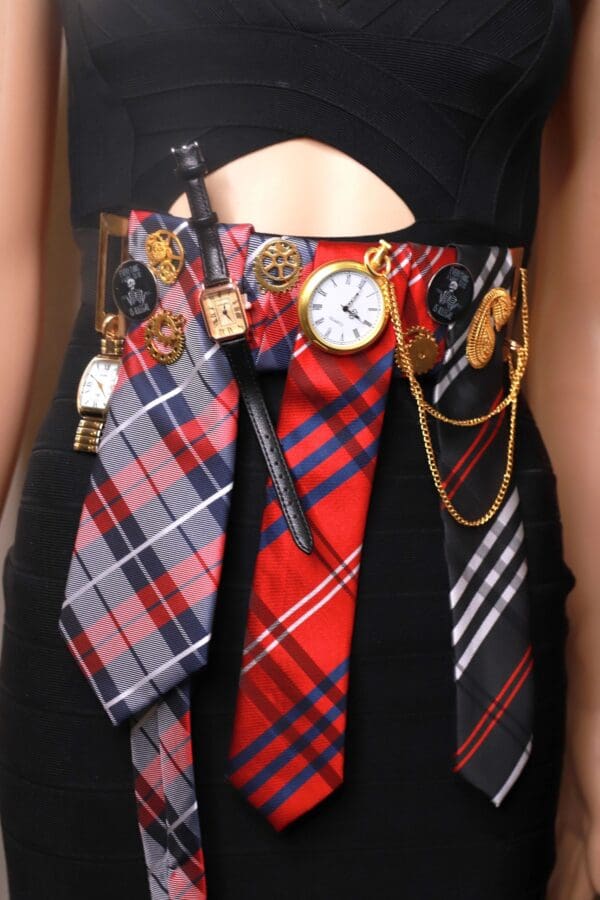A woman wearing many ties with a clock on it.