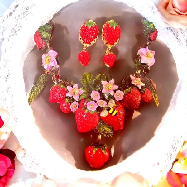 A necklace and earrings set of strawberries.