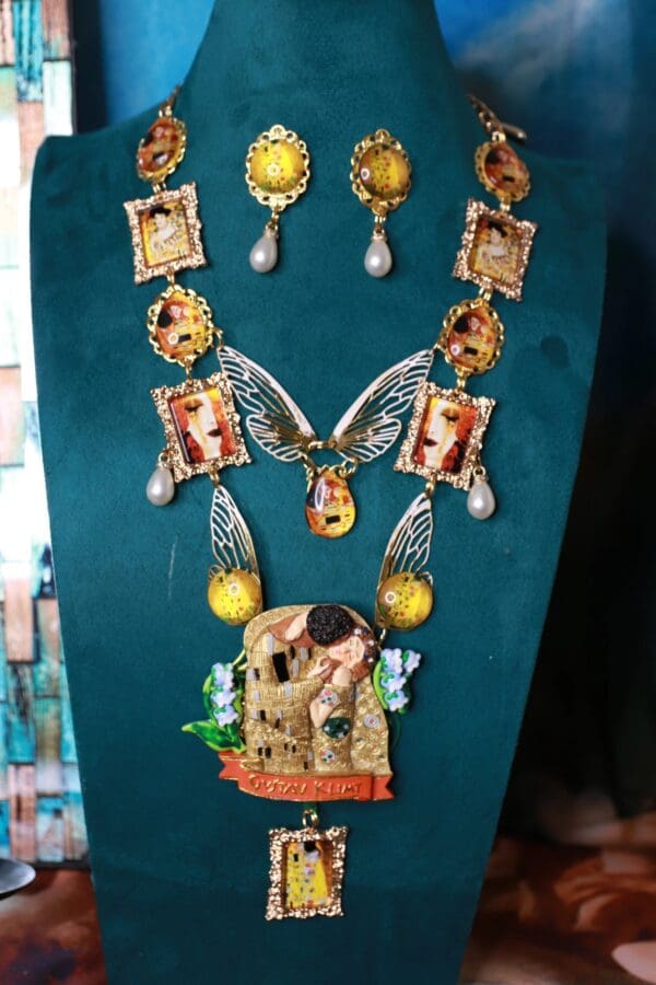A necklace with many pictures on it