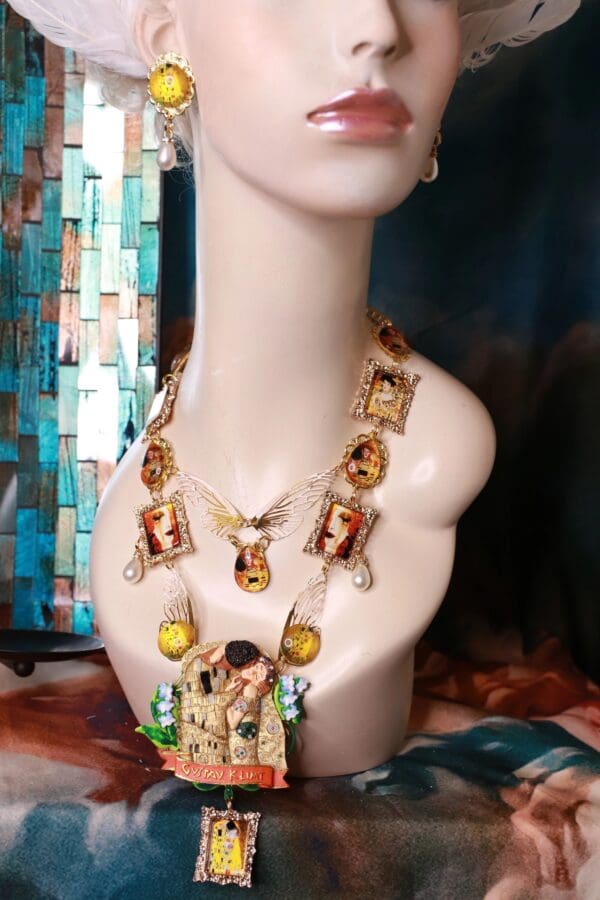 A mannequin wearing a necklace with various images.