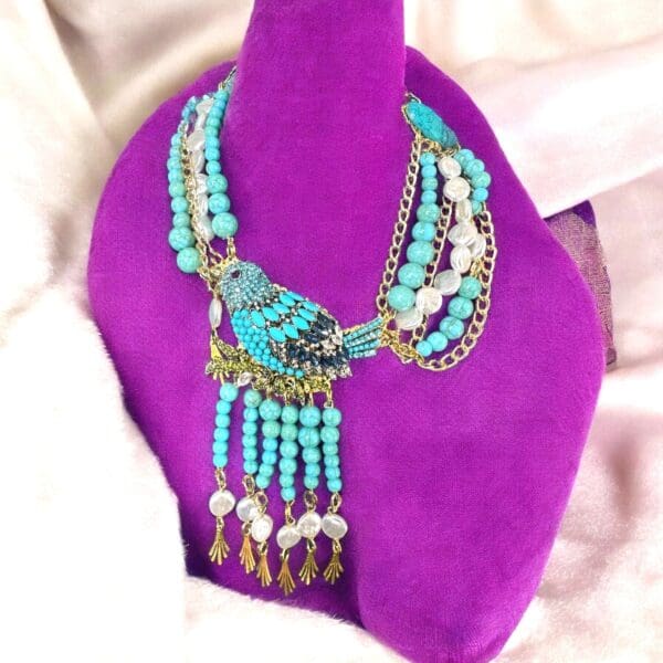 A purple velvet display with a necklace on it