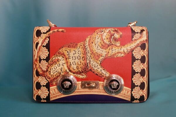 A painting of a tiger on wheels with a pair of buttons.