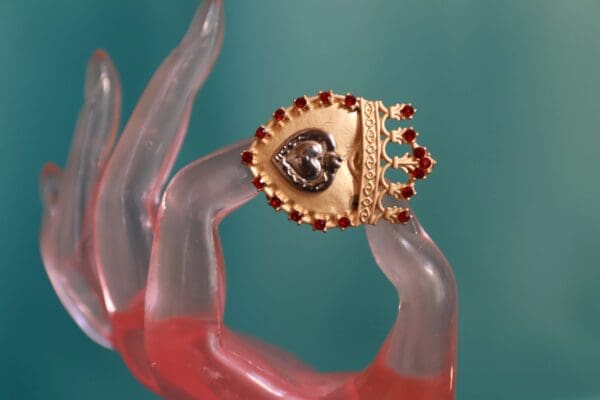 A close up of the crown on a glass object