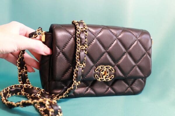 A person holding onto a brown purse