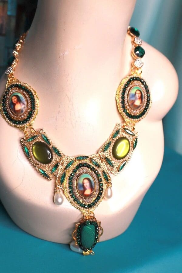 A necklace with many different colored stones on it