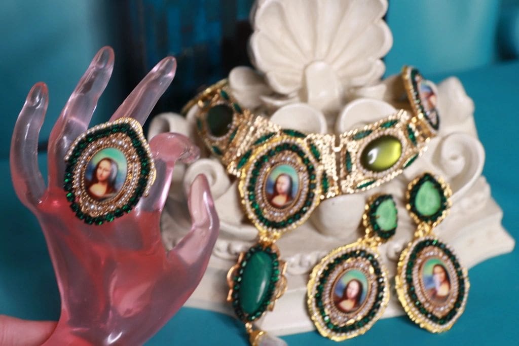 A close up of some jewelry on display