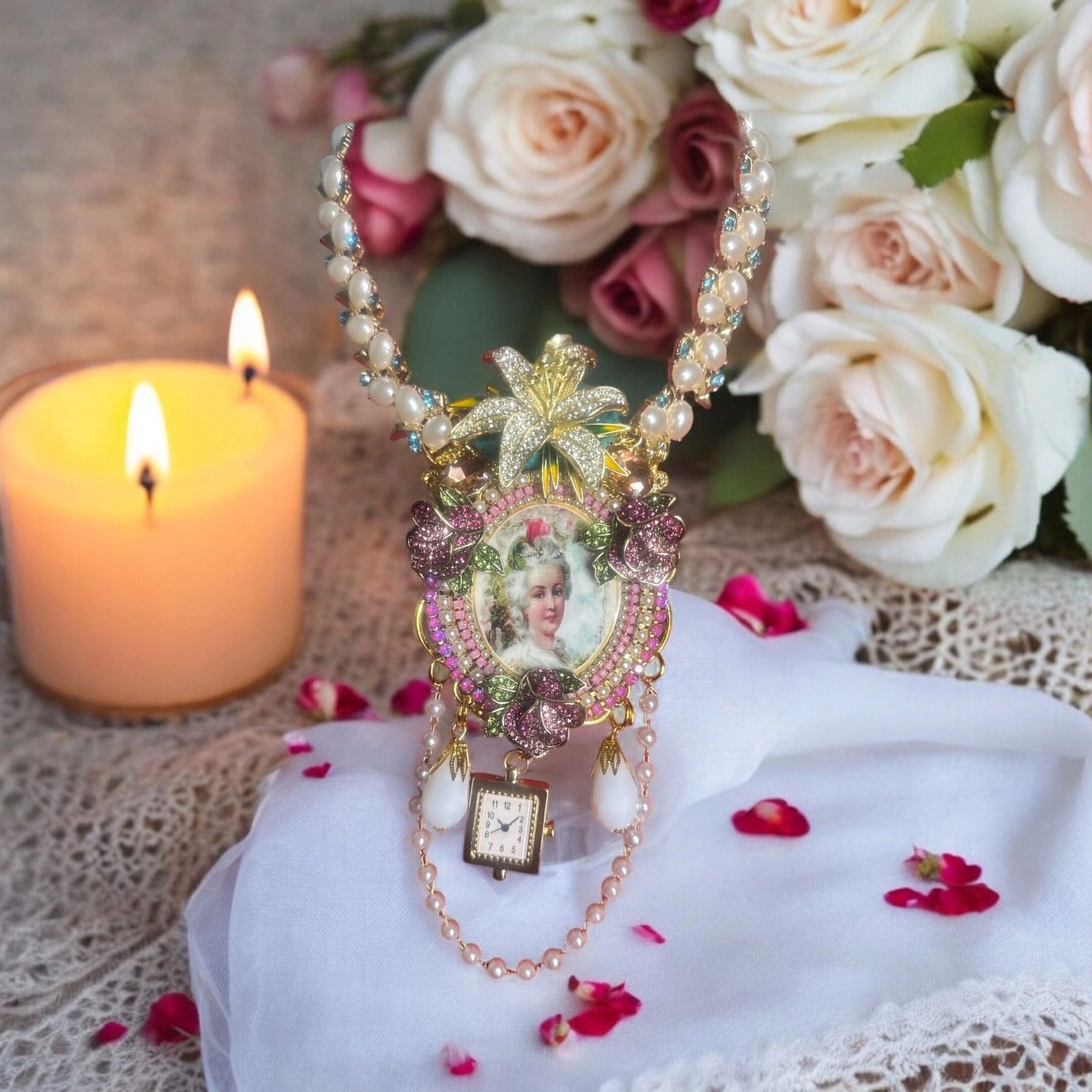 A candle and some flowers on a table