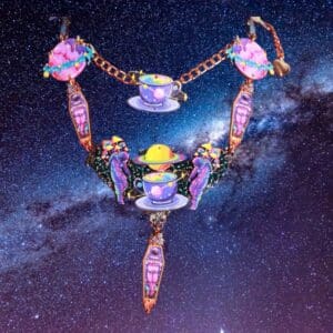 A colorful necklace with a space background