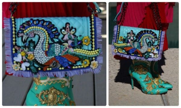 A collage of pictures with shoes and bags